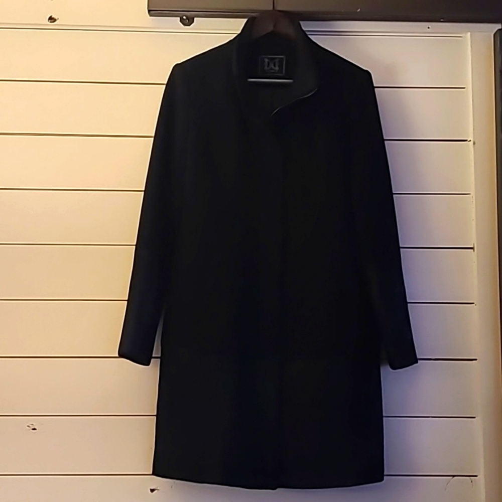 Dawn Levy Wool Coat with Hair-on Cowhide detail on sleeves and bottom. Size L.